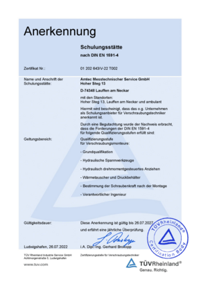 TÜV Rheinland EN 1591-4 Anerkennung Schulungsstätte AMTEC